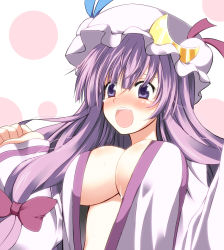 Rule 34 | 1girl, blush, breasts, cleavage, crescent, crescent moon, female focus, hat, kamemasa, long hair, moon, open clothes, open robe, patchouli knowledge, purple eyes, purple hair, robe, solo, touhou