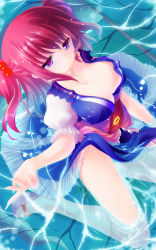 Rule 34 | 1girl, breasts, cleavage, clog sandals, female focus, hair bobbles, hair ornament, highres, hinasaki you, large breasts, okobo, onozuka komachi, red eyes, red hair, sandals, scythe, short hair, solo, touhou, twintails, two side up, wading, water