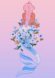 Rule 34 | 1girl, artist name, bare shoulders, braid, braided ponytail, flower, from behind, full body, gradient background, leaf, long hair, mermaid, meyoco, monster girl, original, partially immersed, pink background, pink hair, ponytail, purple background, single braid, solo, sparkle, white flower
