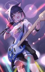 Rule 34 | 1girl, absurdres, animal ears, black hair, blue archive, cat ears, colored inner hair, cowboy shot, electric guitar, extra ears, guitar, hair ornament, hairclip, halo, highres, holding, holding instrument, instrument, kazusa (blue archive), microphone, multicolored hair, noomaru (nomorepeople), official alternate costume, open mouth, pink hair, pink halo, pleated skirt, red eyes, shirt, short hair, short sleeves, skirt, smile, solo, white shirt, white skirt