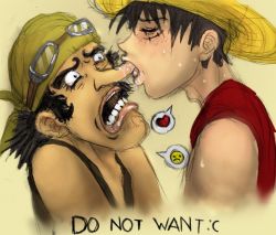 Rule 34 | 2boys, black hair, blush, goggles, hat, heart, long nose, male focus, monkey d. luffy, multiple boys, one piece, open mouth, saliva, short hair, straw hat, tagme, usopp, what, yaoi