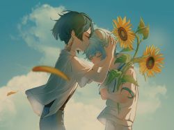 Rule 34 | 2boys, blue hair, blue sky, blurry, blurry foreground, child, chongyun (genshin impact), closed mouth, cloud, cloudy sky, crossed arms, day, earrings, face-to-face, flower, genshin impact, hand on another&#039;s head, highres, holding, holding plant, huanggou8921, jewelry, leaf, lily (flower), male focus, multiple boys, outdoors, plant, short hair, short sleeves, single earring, sky, wind, xingqiu (genshin impact)