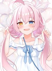 Rule 34 | 1girl, absurdres, ahoge, alternate hairstyle, blue archive, blue eyes, blush, collarbone, commentary request, dress, frilled dress, frills, hair between eyes, hair flaps, halo, hands up, heart, heart background, heterochromia, highres, holding own hair, hoshino (blue archive), huge ahoge, long hair, low twintails, nifuji, off-shoulder dress, off shoulder, official alternate costume, open mouth, pink hair, pink halo, smile, solo, twintails, upper body, white dress, yellow eyes