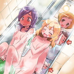 Rule 34 | 00s, 1boy, 3girls, :d, = =, ^ ^, arrow (symbol), bath, bath stool, bathing, blonde hair, blush, breasts, brown hair, ceiling, censored, closed eyes, convenient censoring, dated, dutch angle, embarrassed, fresh precure!, full-face blush, happy, higashi setsuna, highres, indoors, isedaichi ken, lights, long skirt, looking at viewer, mixed-sex bathing, momozono ayumi, momozono keitarou, momozono love, multiple girls, navel, nipples, nude, open door, open mouth, peeking, pencil skirt, precure, purple hair, raised eyebrows, red eyes, same-sex bathing, shared bathing, signature, sitting, skirt, small breasts, smile, soap, soap bubbles, sparkle, standing, steam, steam censor, stool, swept bangs, tart (fresh precure!), tile wall, tiles, towel, v arms, walk-in, washing, washing back, wavy mouth, wet, wet hair