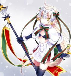 Rule 34 | ahoge, bikini, bikini top only, black bikini, black thighhighs, blonde hair, blush, dress, fate/grand order, fate (series), holding, holding polearm, holding spear, holding weapon, jeanne d&#039;arc (fate), jeanne d&#039;arc alter santa lily (fate), long hair, polearm, solo, spear, standing, swimsuit, thighhighs, very long hair, warrior, weapon, yellow eyes