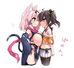 Rule 34 | 2girls, animal ear fluff, animal ears, asymmetrical docking, black legwear, black panties, black sleeves, blue eyes, breast press, breasts, brown hair, cat ears, cat tail, character request, detached sleeves, eye contact, face-to-face, from side, green eyes, hands on own hips, highres, hololive, large breasts, long hair, looking at another, midriff, miniskirt, multiple girls, natsuiro matsuri, natsuiro matsuri (1st costume), navel, off shoulder, oppai loli, orange shirt, panties, pantyhose, pink hair, red scarf, ribbon, scarf, shirt, short hair, side-tie panties, side ponytail, sideboob, simple background, skirt, smile, tail, tamase tama, underwear, virtual youtuber, white background, white skirt