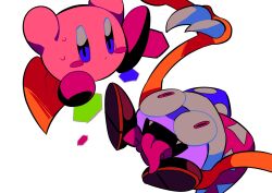Rule 34 | blush stickers, bow, bowtie, brown footwear, hat, highres, jester cap, kirby, kirby (series), marx (kirby), menma (enaic31), multicolored clothes, multicolored headwear, nintendo, no humans, open mouth, pink bow, pink bowtie, pink eyes, simple background, sweatdrop, tongue, tongue out, unusually open eyes, white background, wings