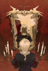 Rule 34 | 3boys, androgynous, book, braid, candelabra, candle, candlestand, copyright name, dark-skinned male, dark elf, dark skin, dated, delgal (dungeon meshi), different reflection, dungeon meshi, elf, hand on another&#039;s shoulder, highres, holding, holding book, long hair, long sleeves, looking at mirror, male focus, mei ren, mirror, multiple boys, neck ruff, out of frame, pointy ears, puff and slash sleeves, puffy sleeves, purple eyes, purple tunic, reflection, short bangs, sidelocks, smile, thistle (dungeon meshi), wavy hair, white hair, yaad (dungeon meshi)