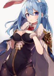 Rule 34 | 10s, 1girl, animal ears, black leotard, black pantyhose, blue hair, blush, bow, bowtie, braid, breast suppress, breasts, cowboy shot, curtains, detached collar, eyebrows, fake animal ears, fur-trimmed gloves, fur trim, gloves, granblue fantasy, hair between eyes, hand on breast, hand on own chest, jacket, jacket on shoulders, leotard, long hair, looking at viewer, medium breasts, pantyhose, playboy bunny, purple eyes, rabbit ears, red bow, red bowtie, shugao, sidelocks, silver background, simple background, solo, therese (granblue fantasy), upper body, white background, white gloves