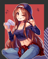 Rule 34 | &gt;;d, +++, 1girl, ;d, backwards hat, bare shoulders, baseball cap, blush, borrowed character, breasts, brown eyes, brown hair, clothes around waist, collarbone, commission, controller, denim, game controller, grin, hat, holding, hyanna-natsu, invisible chair, jeans, long hair, long sleeves, looking at viewer, multicolored background, navel, off-shoulder shirt, off shoulder, one eye closed, open mouth, original, outline, pants, pointing, pointing at self, purple hat, purple shirt, shirt, sitting, small breasts, smile, solo, stomach, teeth, tomboy, torn clothes, torn jeans, torn pants, v-shaped eyebrows, very long hair, white outline