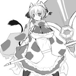 Rule 34 | 1girl, animal ears, axe, breasts, cleavage, cow, cow ears, cow girl, cow tail, female focus, horns, hotaru-mia, huge breasts, original, short hair, simple background, solo, standing, tail, weapon, white background