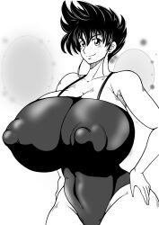 Rule 34 | 1girl, breasts, hands on own hips, huge breasts, ichigeki haruka, mature female, monochrome, short hair, thick thighs, thighs