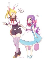 Rule 34 | 10s, 2girls, :d, ?, ^ ^, age difference, alice in wonderland, animal ears, apron, ayase eli, blonde hair, blue dress, blush, boots, bow, bowtie, child, clock, closed eyes, corset, curious, dress, drooling, fake animal ears, green eyes, hair bow, height difference, high heels, holding hands, lace, leaning forward, legs apart, long hair, looking at another, love live!, love live! school idol project, mary janes, moorina, multiple girls, neck ribbon, onee-loli, open mouth, pink bow, pointing, ponytail, puffy short sleeves, puffy sleeves, purple hair, rabbit ears, red bow, red ribbon, ribbon, saliva, shoes, short sleeves, shorts, simple background, smile, speech bubble, standing, striped clothes, striped legwear, striped thighhighs, swept bangs, text focus, thighhighs, tojo nozomi, twintails, twitter username, vertical-striped clothes, vertical-striped legwear, vertical-striped thighhighs, very long hair, white background, wrist cuffs, yuri, zettai ryouiki