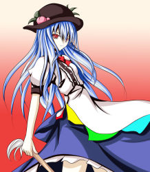 Rule 34 | 1girl, blue hair, blue skirt, bow, bowtie, center frills, cowboy shot, expressionless, female focus, food, frills, fruit, gradient background, hat, hinanawi tenshi, holding, long hair, looking at viewer, looking back, peach, puffy short sleeves, puffy sleeves, rainbow order, red bow, red bowtie, red eyes, shirt, short sleeves, silver hair, skirt, solo, stick, touhou, white shirt