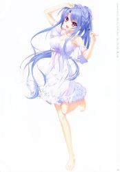 Rule 34 | 1girl, :d, absurdres, arm up, barefoot, blue hair, braid, breasts, cleavage, clothing cutout, collarbone, copyright name, dress, floating hair, hair between eyes, highres, izumi tsubasu, long hair, looking at viewer, medium breasts, official art, open mouth, page number, pink ribbon, red eyes, rei no himo, ribbon, see-through silhouette, short dress, short sleeves, shoulder cutout, simple background, single braid, smile, solo, sorakado ao, standing, standing on one leg, summer pockets, sundress, very long hair, white background, white dress