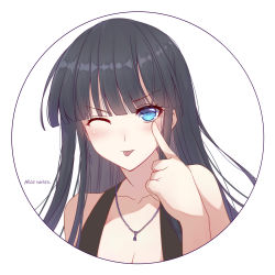 Rule 34 | 1girl, ;p, akanbe, aquaplus, black hair, blue eyes, blunt bangs, blush, breasts, cleavage, collarbone, eyelid pull, highres, index finger raised, jewelry, lixiang guo alice, long hair, looking at viewer, necklace, one eye closed, portrait, simple background, solo, tongue, tongue out, touma kazusa, white album (series), white album 2, white background