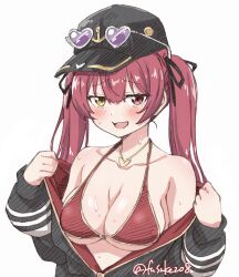 Rule 34 | 1girl, absurdres, bra, breasts, fuusuke (fusuke208), hat, heterochromia, highres, hololive, houshou marine, jacket, jacket partially removed, large breasts, red bra, red hair, solo, sweat, twintails, underwear, virtual youtuber