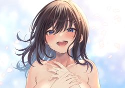 Rule 34 | 1girl, :d, absurdres, asmr, backlighting, bare shoulders, blue eyes, blurry, blurry background, blush, breasts, brown hair, collarbone, falling petals, hair between eyes, hair ornament, hairclip, half-closed eyes, highres, jewelry, kokusan moyashi, large breasts, long hair, looking at viewer, nail polish, non-web source, nude, open mouth, original, petals, pink nails, ring, smile, solo, swept bangs, teeth, upper body