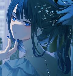 Rule 34 | 1girl, 1other, achiki, black hair, blue dress, blue eyes, blue hair, blue nails, blurry, blurry background, blush, closed mouth, constellation, dress, fingernails, from behind, gloves, gradient hair, hair between eyes, hair ornament, hairpin, hand up, jewelry, leaf, long fingernails, long hair, looking at viewer, looking back, multicolored hair, nail polish, necklace, original, ponytail, short sleeves, sparkle, star (symbol), star hair ornament, sun hair ornament, upper body, white gloves, window