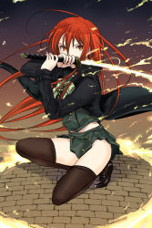 Rule 34 | 00s, 1girl, 3u, ahoge, alastor (shakugan no shana), bad id, bad pixiv id, bow, clothes lift, coat, fire, jewelry, long hair, pendant, red eyes, red hair, school uniform, shakugan no shana, shana, skirt, skirt lift, solo, sword, thighhighs, weapon, wind, wind lift