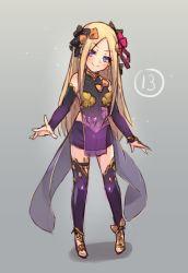 Rule 34 | 1girl, abigail williams (fate), blonde hair, blue eyes, blush, bow, breasts, cosplay, detached sleeves, dress, fate/grand order, fate (series), forehead, full body, gradient background, hair bow, hair ribbon, kama (fate), kama (fate) (cosplay), kama (first ascension) (fate), long hair, looking at viewer, miya (miyaruta), orange bow, parted bangs, pelvic curtain, pink ribbon, polka dot, polka dot bow, purple dress, purple legwear, purple skirt, purple sleeves, ribbon, sandals, skirt, small breasts, smile, solo, sparkle