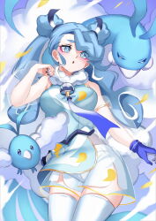 Rule 34 | 1girl, :o, altaria, blue eyes, blue hair, blush, breasts, bright pupils, commentary request, creatures (company), crossover, detached sleeves, evolutionary line, eyelashes, flying miku (project voltage), game freak, gen 3 pokemon, gloves, hair ribbon, hand up, hatsune miku, highres, inue ao, long hair, medium breasts, nail polish, nintendo, parted lips, pokemon, pokemon (creature), project voltage, ribbon, see-through, see-through shorts, see-through sleeves, shorts, shorts under shorts, single glove, swablu, thighhighs, twintails, vocaloid, white pupils, white shorts, white thighhighs