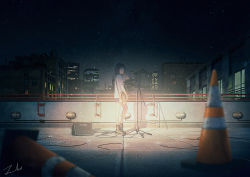 Rule 34 | 1girl, arm at side, arm up, black footwear, black hair, boots, brown eyes, building, cable, city, city lights, cityscape, closed mouth, commentary, denim, denim shorts, electric guitar, from below, glowing, guitar, instrument, looking at viewer, looking down, looking to the side, medium hair, microphone, microphone stand, night, night sky, original, outdoors, railing, rooftop, scenery, shadow, shirt, short shorts, shorts, sky, solo, speaker, star (sky), starry sky, tamaki (tamaki illust), traffic cone, white shirt, wide shot