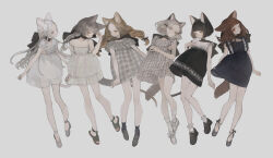 Rule 34 | 6+girls, animal ear fluff, animal ears, bare arms, bare shoulders, black choker, black dress, black footwear, black hair, black socks, blue eyes, blunt bangs, bob cut, bow, bow choker, braid, braided ponytail, cat ears, cat girl, cat tail, choker, collarbone, dress, footwear bow, frilled dress, frilled socks, frills, full body, gingham, gingham dress, green eyes, grey background, grey dress, grey eyes, grey footwear, grey hair, hair ribbon, half-closed eyes, hand on own chest, hand up, highres, knees together feet apart, loafers, long hair, looking at viewer, low ponytail, medium hair, multiple girls, nekosuke (oxo), original, own hands together, parted lips, red eyes, revision, ribbon, sandals, shoes, short dress, short hair, simple background, single braid, skirt hold, sleeveless, sleeveless dress, socks, spaghetti strap, strap slip, tail, twin braids, wavy hair, white dress, white footwear, white hair, white socks, yellow eyes