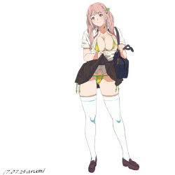 Rule 34 | baba arumi, bag, bikini, bikini under clothes, blue eyes, blush, breasts, cleavage, clothes lift, dated, full body, loafers, long hair, micro bikini, open clothes, original, pink hair, pleated skirt, school bag, school uniform, shoes, simple background, skirt, skirt lift, smile, solo, standing, swimsuit, swimsuit under clothes, thighhighs, twintails, white background, white thighhighs, yellow bikini