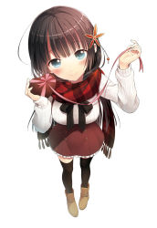 Rule 34 | 1girl, bad id, bad pixiv id, black hair, black thighhighs, blue eyes, blunt bangs, blush, box, box of chocolates, candy, chocolate, chocolate heart, food, foreshortening, from above, full body, gift, hair ornament, head tilt, heart, holding, kagami benio, kanojo-tachi no meshi ga mazui hyaku no riyuu, long hair, long sleeves, looking at viewer, official art, plaid, plaid scarf, ribbon, scarf, shoes, simple background, smile, solo, standing, sweater, taishou tanaka, tareme, thighhighs, underbust, white background, zettai ryouiki