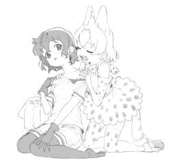 Rule 34 | 2girls, :o, animal ear fluff, backpack, bag, bare shoulders, bow, bowtie, closed eyes, elbow gloves, extra ears, full body, gloves, greyscale, hair between eyes, hands on another&#039;s shoulders, highres, kaban (kemono friends), kemono friends, kneeling, kona ming, monochrome, multiple girls, open mouth, pantyhose, pantyhose under shorts, print bow, print bowtie, print gloves, print legwear, print skirt, serval (kemono friends), serval print, shirt, short hair, short sleeves, shorts, sitting, sketch, skirt, sleeveless, sleeveless shirt, tail, teeth, thighhighs, traditional bowtie, unworn backpack, unworn bag, wariza