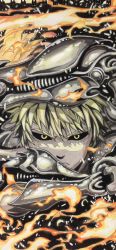 Rule 34 | 1boy, android, black sclera, blonde eyebrows, blonde hair, colored sclera, eyebrows, fire, genos, highres, looking at viewer, male focus, matching hair/eyes, mechanical arms, oimosan, one-punch man, single mechanical arm, solo, upper body, yellow eyes