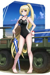 1girl absurdres ash_arms barefoot beach black_one-piece_swimsuit blonde_hair blue_eyes blue_sky breasts cloud competition_swimsuit covered_navel day full_body grin highres horizon jersey_(jersey_2237) long_hair looking_at_viewer medium_breasts military ocean one-piece_swimsuit outdoors p-51a_(ash_arms) planted planted_umbrella ponytail sky smile solo swimsuit two-tone_swimsuit umbrella vehicle_request