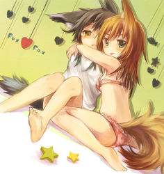 Rule 34 | 2girls, :d, animal ears, blush, bra, breasts, brown eyes, brown hair, commentary request, dutch angle, foomi, fox ears, fox girl, fox tail, green eyes, hair between eyes, heart, long hair, looking at viewer, looking to the side, multiple girls, open mouth, original, panties, pink bra, pink panties, print panties, shirt, sitting, small breasts, smile, star (symbol), star print, tail, tongue, tongue out, underwear, underwear only, v-shaped eyebrows, wariza, white shirt