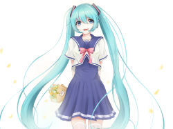 Rule 34 | 1girl, absurdres, aqua hair, arms behind back, blue dress, blue eyes, bouquet, bow, breasts, chinese commentary, commentary request, dress, flower, hair between eyes, hair ornament, hatsune miku, highres, holding, holding bouquet, jidai no konoe, long hair, looking at viewer, open mouth, project diva (series), sailor, sailor collar, sailor dress, smile, solo, standing, thighhighs, twintails, upper body, very long hair, vocaloid, white thighhighs