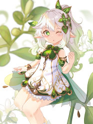 Rule 34 | 1girl, ;o, bare shoulders, blurry, blurry background, blush, breasts, commentary request, cross-shaped pupils, depth of field, dress, feet out of frame, flower, genshin impact, gradient hair, green eyes, green hair, grey hair, hand up, highres, holmemee, long hair, looking at viewer, multicolored hair, nahida (genshin impact), one eye closed, parted lips, pointy ears, ponytail, simple background, sleeveless, sleeveless dress, small breasts, solo, symbol-shaped pupils, white background, white dress, white flower