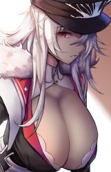 Rule 34 | 1girl, azur lane, breasts, cape, cleavage, coat, cross, crossed bangs, from side, fur-trimmed cape, fur-trimmed coat, fur trim, graf zeppelin (azur lane), hair between eyes, hat, highres, iron cross, jacket, jacket on shoulders, large breasts, military hat, parted lips, peaked cap, red eyes, satou rin (gobugabuge), silver hair