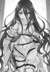 Rule 34 | 1girl, asymmetrical clothes, curly hair, detached sleeves, floating hair, frown, greyscale, hair between eyes, hand on own hip, highres, last embryo, long hair, long sleeves, looking at viewer, momoko (momopoco), monochrome, novel illustration, official art, solo, standing, very long hair, wide sleeves