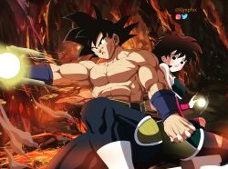 Rule 34 | back-to-back, bardock, black eyes, black hair, blood, blood on face, blush, cave, couple, dragon ball, gine, highres, holding hands, ki blast, lava, muscular, muscular male, scar, scar on face, scratches, short hair, spiked hair, surprised, tagme, tail, underground