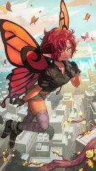 Rule 34 | 1girl, absurdres, blush, boots, branch, brown shirt, bug, butterfly, butterfly wings, cityscape, cloud, collarbone, commission, day, flower, flower request, flying, full body, gloves, hand up, highres, insect, insect wings, jitome, light smile, looking at viewer, melaton, messy hair, midriff, original, outdoors, parted lips, plaid, plaid legwear, pointy ears, red hair, shirt, short hair, short sleeves, shorts, skeb commission, sky, solo, tan, thighhighs, wings, yellow eyes, yellow flower