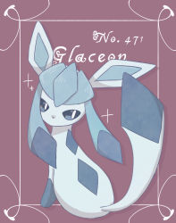 Rule 34 | animal focus, blue hair, blue sclera, border, character name, colored sclera, creatures (company), english text, from behind, full body, game freak, gen 4 pokemon, glaceon, long hair, looking back, looking to the side, nintendo, no humans, no mouth, pokedex number, pokemon, pokemon (creature), purple background, ronen, simple background, sitting, solo, sparkle, twintails, white eyes
