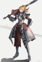 Rule 34 | 1girl, armor, artist name, bad id, bad pixiv id, blonde hair, braid, breasts, character name, clarent (fate), commentary request, fate/grand order, fate (series), full body, gauntlets, green eyes, grin, holding, holding sword, holding weapon, long hair, looking at viewer, mordred (fate), mordred (fate/apocrypha), over shoulder, ponytail, ritu kotokai, shoulder armor, smile, solo, sword, sword over shoulder, weapon, weapon over shoulder