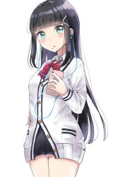 Rule 34 | 10s, 1girl, :o, black hair, black skirt, blunt bangs, blush, bow, bowtie, breasts, cardigan, cellphone, commentary request, cosplay, cowboy shot, earbuds, earphones, green eyes, gridman universe, hair ornament, hairclip, highres, holding, holding phone, kurosawa dia, long hair, long sleeves, looking at viewer, love live!, love live! sunshine!!, miniskirt, mole, mole under mouth, panties, parted lips, phone, pleated skirt, red bow, red bowtie, simple background, sin (sin52y), skirt, small breasts, solo, ssss.gridman, takarada rikka, takarada rikka (cosplay), underwear, very long hair, white background, white cardigan, white panties