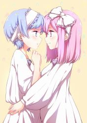 Rule 34 | 2girls, arms around waist, blue eyes, blue hair, blush, bow, dress, eye contact, from side, fuu (07199382), hair bow, hairband, looking at another, mole, mole under eye, multiple girls, original, pink eyes, pink hair, profile, short hair, smile, white dress, yuri