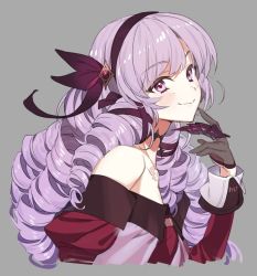 Rule 34 | 1girl, bare shoulders, black gloves, chest tattoo, claw ring, commentary request, cropped torso, dress, drill hair, ekka (chrysalis), from side, gloves, grey background, hair ribbon, highres, hyakumantenbara salome, hyakumantenbara salome (1st costume), light purple hair, long hair, long sleeves, looking at viewer, nijisanji, off-shoulder dress, off shoulder, puffy long sleeves, puffy sleeves, purple eyes, purple ribbon, ribbon, smile, solo, sparkling eyes, tattoo, virtual youtuber