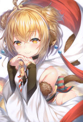 Rule 34 | 1girl, absurdres, andira (granblue fantasy), animal ears, bare shoulders, between breasts, blush, breasts, choker, closed mouth, double bun, earrings, erune, gold trim, granblue fantasy, hair bun, highres, jewelry, looking at viewer, monkey ears, monkey tail, scan, shiny skin, simple background, smile, solo, tail, thighs, tiara, topia, white background, wide sleeves