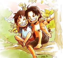 Rule 34 | 2boys, branch, brother, brothers, child, east blue, freckles, hat, unworn hat, unworn headwear, in tree, male focus, monkey d. luffy, mr. a, multiple boys, one piece, open clothes, open shirt, portgas d. ace, raglan sleeves, sandals, scar, shirt, shorts, siblings, sitting, smile, straw hat, tree, aged down