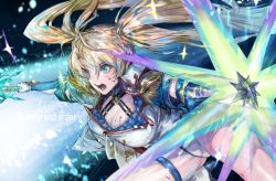 Rule 34 | 1girl, araya (hachino araya), attack, bad id, bad pixiv id, blonde hair, blood, blood on breasts, blood splatter, blue eyes, bradamante (fate), bradamante (second ascension) (fate), braid, breasts, commentary request, copyright name, crown braid, cuts, elbow gloves, fate/grand order, fate (series), french braid, from side, frown, gloves, hair between eyes, highres, holding, holding lance, holding polearm, holding shield, holding weapon, injury, lance, large breasts, long hair, open mouth, polearm, shield, signature, solo, thigh strap, twintails, very long hair, weapon