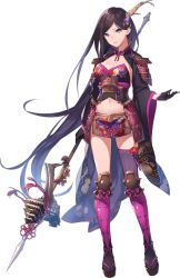 Rule 34 | 1girl, artist request, asymmetrical legwear, black gloves, black hair, breasts, cleavage, detached sleeves, full body, gloves, grey eyes, hair ornament, holding, holding polearm, holding spear, holding weapon, iyo matsuyama (oshiro project), large breasts, long hair, midriff, mismatched legwear, navel, official art, oshiro project:re, oshiro project:re, parted bangs, polearm, solo, spear, transparent background, very long hair, weapon