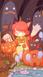 Rule 34 | 1girl, animal ears, asymmetrical bangs, black cat, blush stickers, bow, bow choker, bucket, candy, cat, cat ears, child, choker, closed eyes, fangs, food, ghost, grass, hair over one eye, halloween, holding, holding bucket, jack-o&#039;-lantern, kappa, long sleeves, looking at viewer, loose hair strand, lying, neckerchief, on back, open mouth, original, outdoors, outstretched arm, partially submerged, patch, pond, rabbit, red bow, red choker, red hair, red shirt, rock, shirt, short hair, sleeves past elbows, smile, solid circle eyes, solo, suxiazai, thorns, tree, waving, white eyes, wide sleeves, yellow neckerchief, yellow overalls